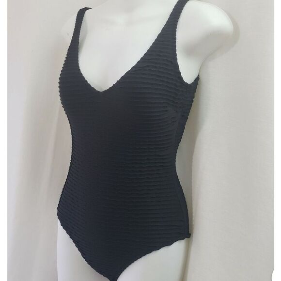 Gottex Blue Ribbed Black Built In Bra One Piece Swimsuit Women's Size 10 - Picture 1 of 11